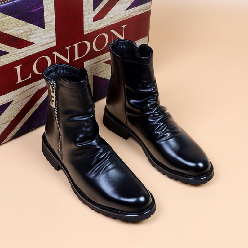 Ghete Martin pentru bărbați cu fermoar, partea superioară din bumbac, talpă din cauciuc, gambă medie, toc 3–5 cm