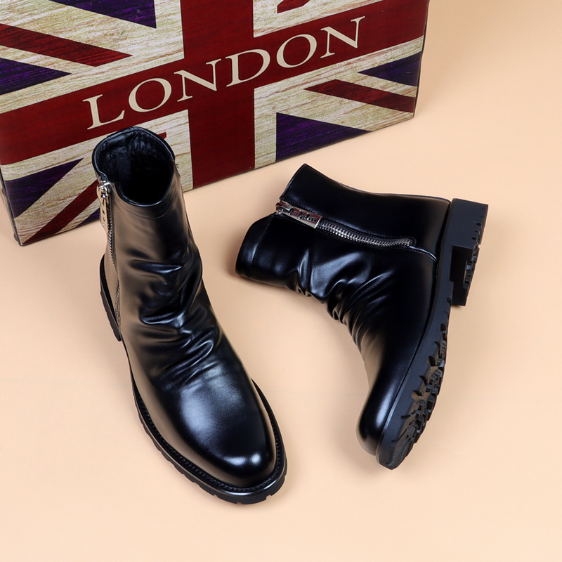 Ghete Martin pentru bărbați cu fermoar, partea superioară din bumbac, talpă din cauciuc, gambă medie, toc 3–5 cm