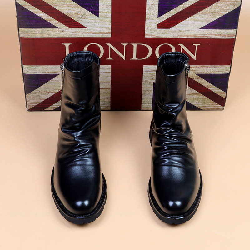 Ghete Martin pentru bărbați cu fermoar, partea superioară din bumbac, talpă din cauciuc, gambă medie, toc 3–5 cm