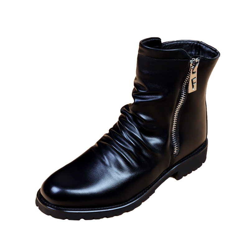 Ghete Martin pentru bărbați cu fermoar, partea superioară din bumbac, talpă din cauciuc, gambă medie, toc 3–5 cm