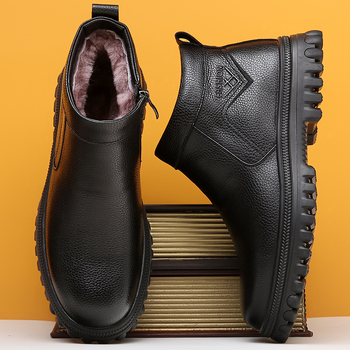 Ghete de iarnă pentru bărbați, partea superioară PU, talpă din cauciuc, branț din lână de oaie, căptușeală interioară din amestec lână-casmir, materialul bocancului din piele de vită de primă calitate