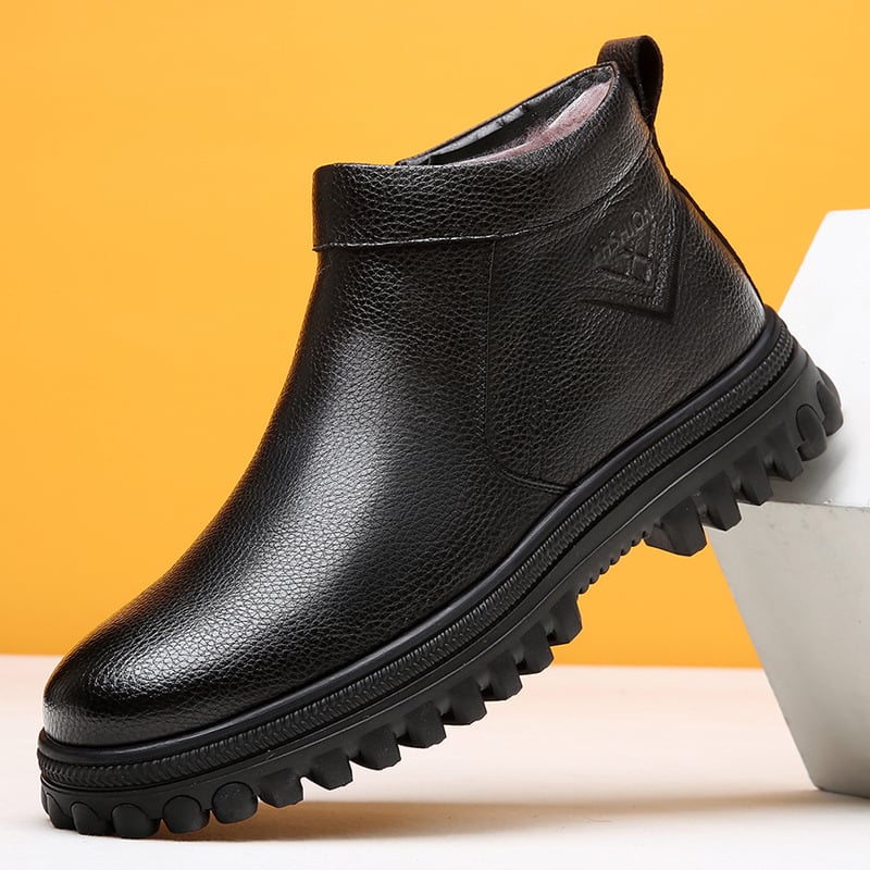 Ghete de iarnă pentru bărbați, partea superioară PU, talpă din cauciuc, branț din lână de oaie, căptușeală interioară din amestec lână-casmir, materialul bocancului din piele de vită de primă calitate