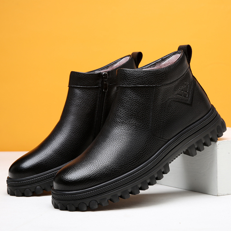 Ghete de iarnă pentru bărbați, partea superioară PU, talpă din cauciuc, branț din lână de oaie, căptușeală interioară din amestec lână-casmir, materialul bocancului din piele de vită de primă calitate