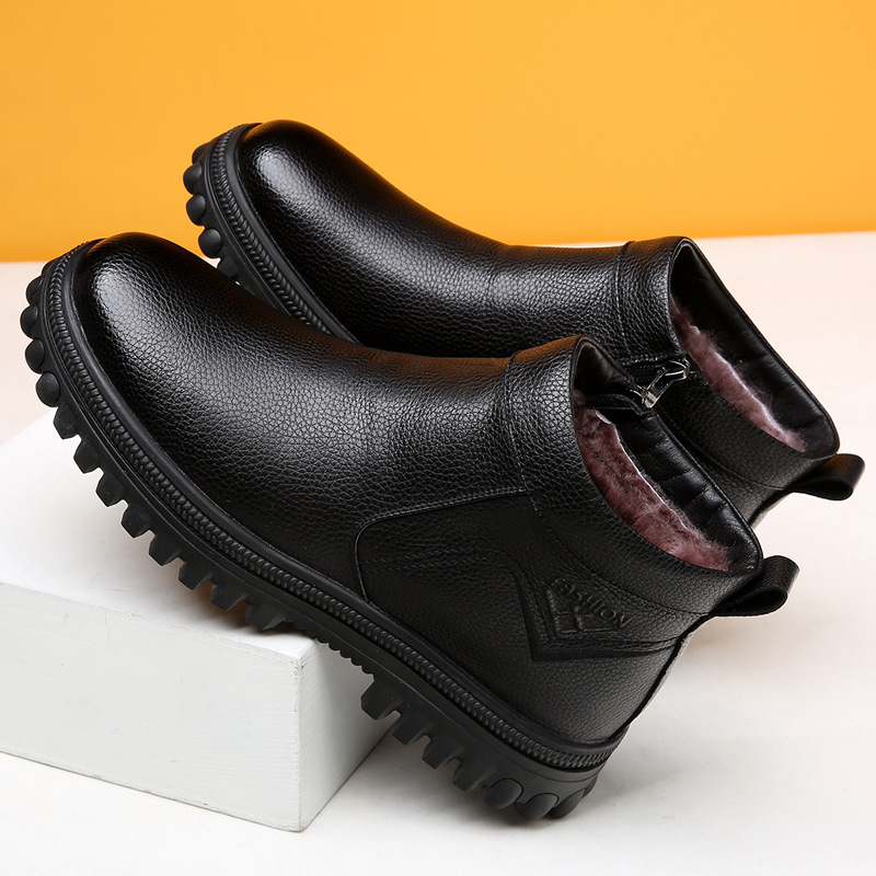 Ghete de iarnă pentru bărbați, partea superioară PU, talpă din cauciuc, branț din lână de oaie, căptușeală interioară din amestec lână-casmir, materialul bocancului din piele de vită de primă calitate