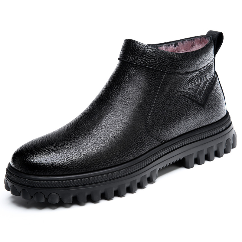 Ghete de iarnă pentru bărbați, partea superioară PU, talpă din cauciuc, branț din lână de oaie, căptușeală interioară din amestec lână-casmir, materialul bocancului din piele de vită de primă calitate