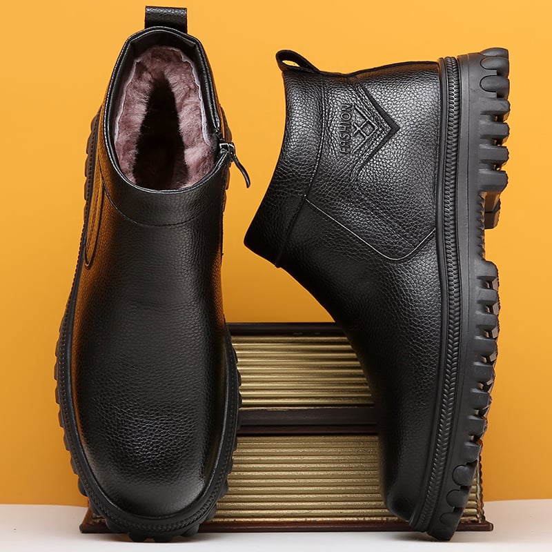 Ghete de iarnă pentru bărbați, partea superioară PU, talpă din cauciuc, branț din lână de oaie, căptușeală interioară din amestec lână-casmir, materialul bocancului din piele de vită de primă calitate