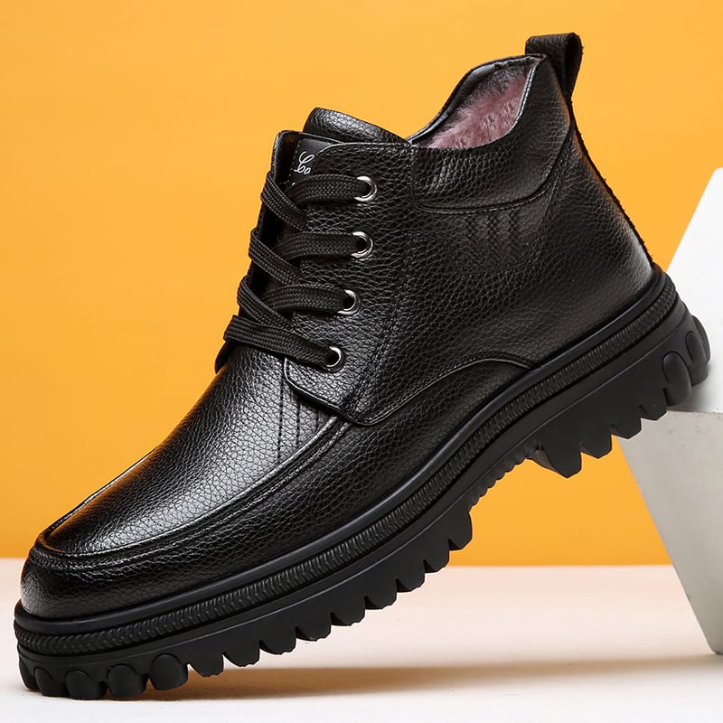 Ghete de iarnă pentru bărbați, partea superioară PU, talpă din cauciuc, branț din lână de oaie, căptușeală interioară din amestec lână-casmir, materialul bocancului din piele de vită de primă calitate