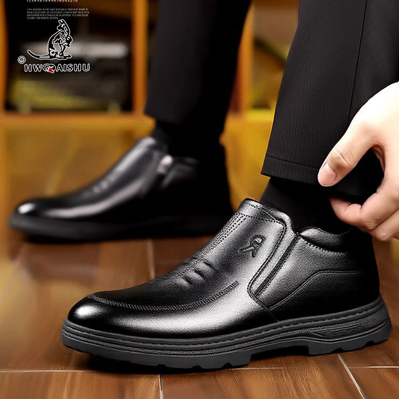 Ghete de iarnă din piele pentru bărbați – impermeabile, căptușite cu fleece, talpă groasă, antiderapante