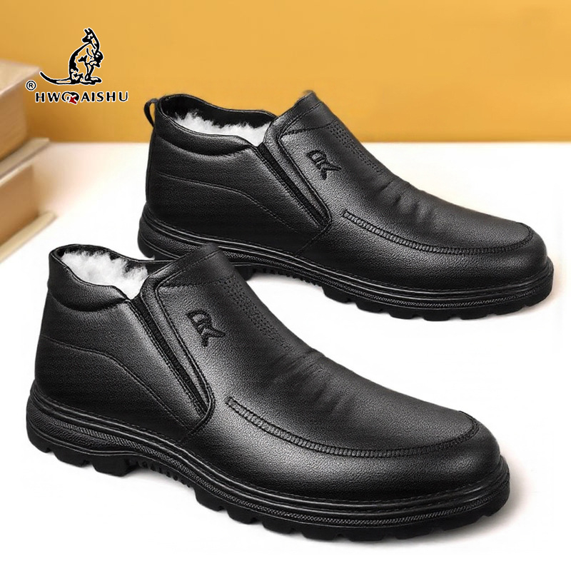 Ghete de iarnă din piele pentru bărbați – impermeabile, căptușite cu fleece, talpă groasă, antiderapante