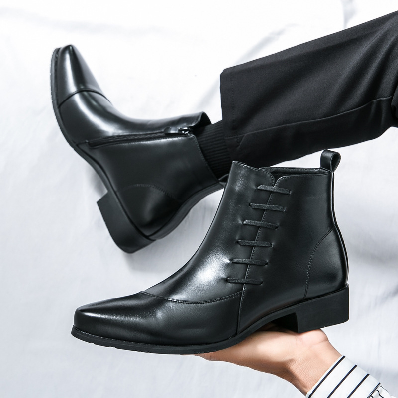 Ghete Chelsea pentru bărbați din piele microfibră, vârf ascuțit, talpă din cauciuc, toc redus (1–3 cm)