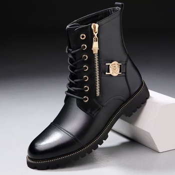 Ghete Martin pentru bărbați din piele naturală, fermoar pe lateral, înălțime medie până la gleznă, vârf rotund, talpă din cauciuc