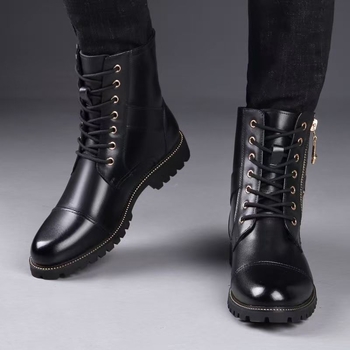 Ghete Martin pentru bărbați din piele naturală, fermoar pe lateral, înălțime medie până la gleznă, vârf rotund, talpă din cauciuc