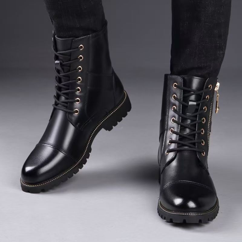 Ghete Martin pentru bărbați din piele naturală, fermoar pe lateral, înălțime medie până la gleznă, vârf rotund, talpă din cauciuc