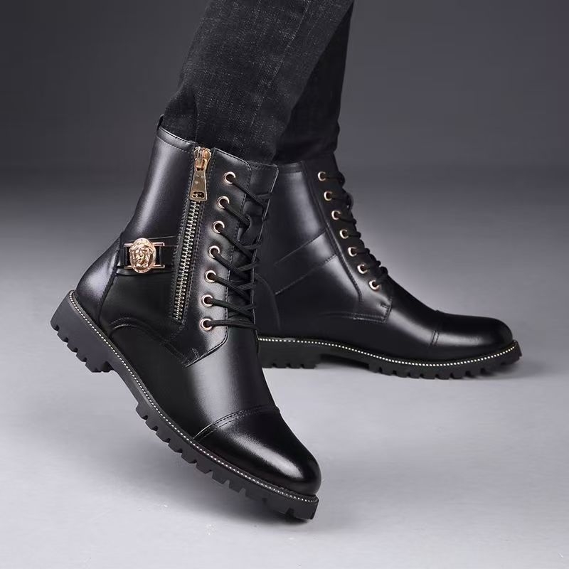 Ghete Martin pentru bărbați din piele naturală, fermoar pe lateral, înălțime medie până la gleznă, vârf rotund, talpă din cauciuc