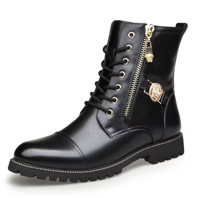 Ghete Martin pentru bărbați din piele naturală, fermoar pe lateral, înălțime medie până la gleznă, vârf rotund, talpă din cauciuc