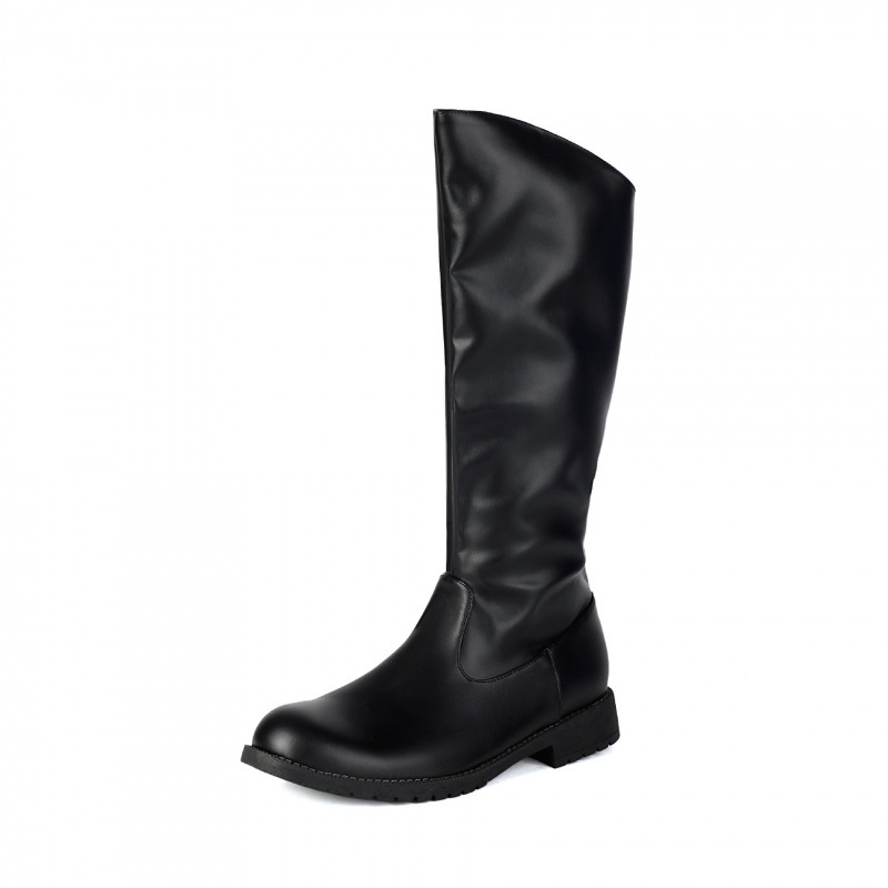 Jazdecké čižmy, vrchný materiál umelej PU, výška nad kolená, zaoblená špička, gumová podrážka, nízky podpätok