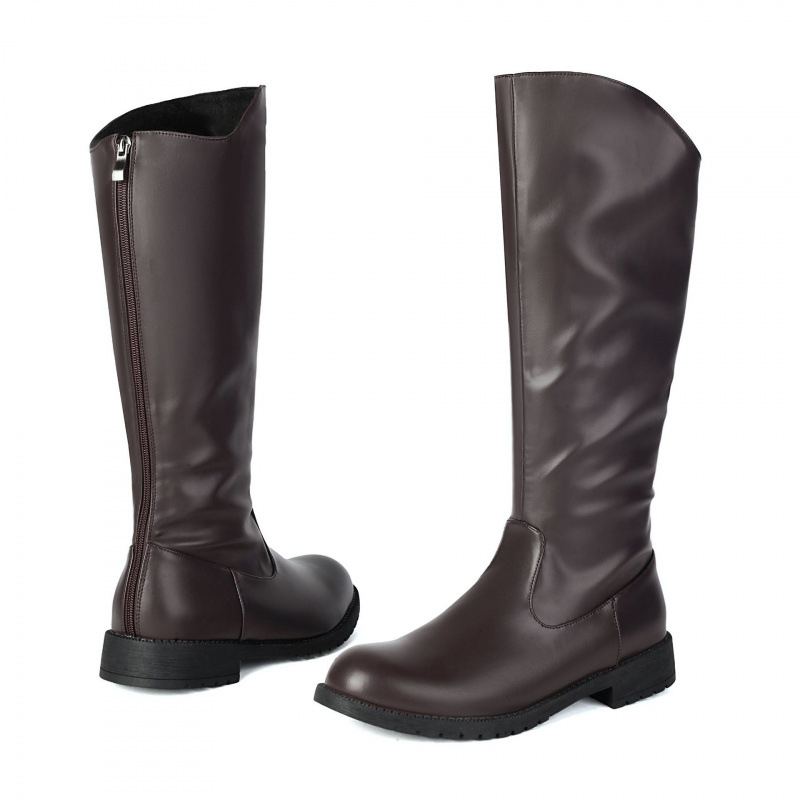 Jazdecké čižmy, vrchný materiál umelej PU, výška nad kolená, zaoblená špička, gumová podrážka, nízky podpätok