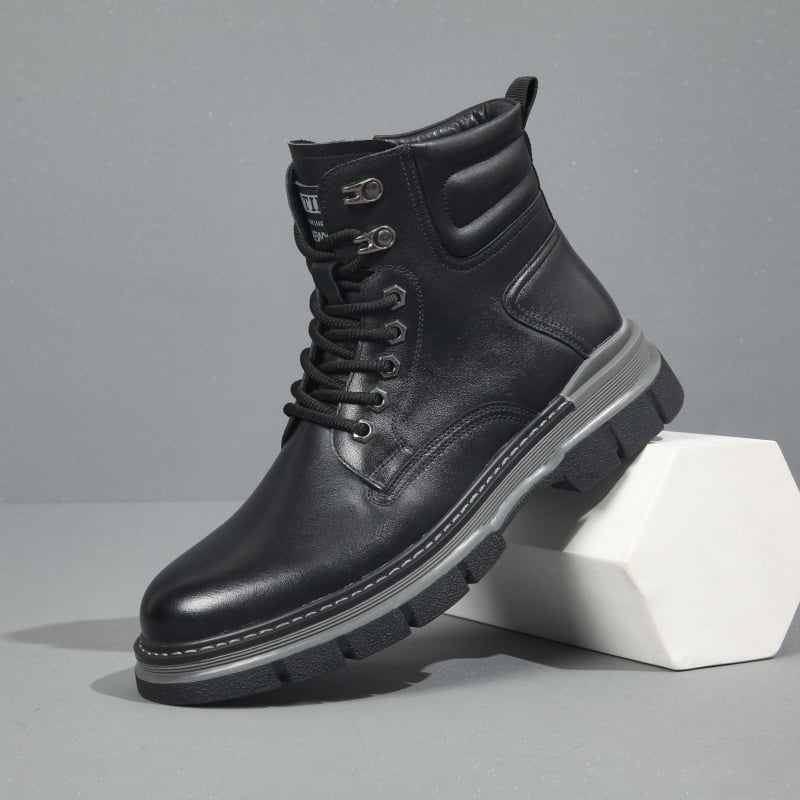 Botine Martin pentru bărbați, exterior din piele de primul strat, căptușeală din piele naturală, talpă din cauciuc, gât înalt, șiret în față