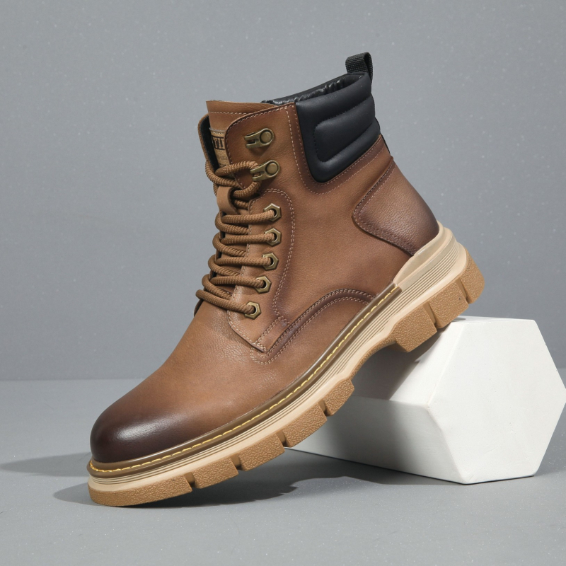 Botine Martin pentru bărbați, exterior din piele de primul strat, căptușeală din piele naturală, talpă din cauciuc, gât înalt, șiret în față