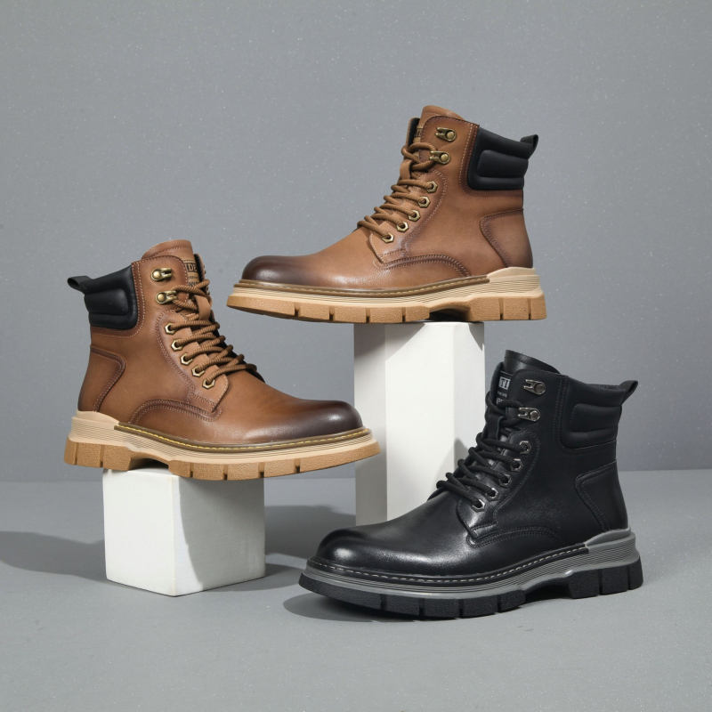 Botine Martin pentru bărbați, exterior din piele de primul strat, căptușeală din piele naturală, talpă din cauciuc, gât înalt, șiret în față