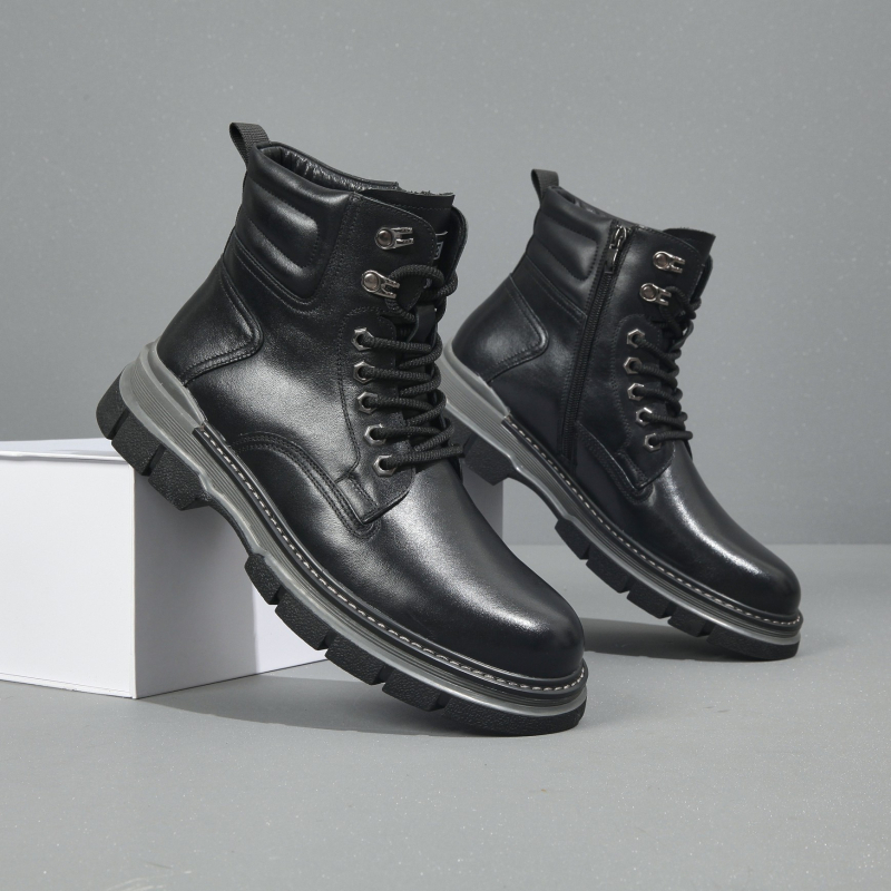 Botine Martin pentru bărbați, exterior din piele de primul strat, căptușeală din piele naturală, talpă din cauciuc, gât înalt, șiret în față