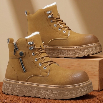 Ghete Martin pentru bărbați, stil britanic, partea superioară din PU, talpă din cauciuc, căptușeală din pluș sintetic pentru iarnă