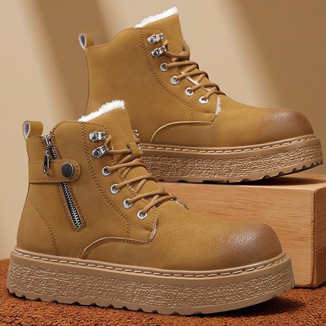 Ghete Martin pentru bărbați, stil britanic, partea superioară din PU, talpă din cauciuc, căptușeală din pluș sintetic pentru iarnă