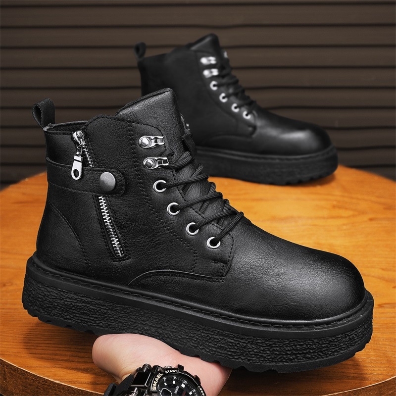 Ghete Martin pentru bărbați, stil britanic, partea superioară din PU, talpă din cauciuc, căptușeală din pluș sintetic pentru iarnă