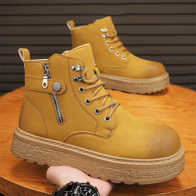 Ghete Martin pentru bărbați, stil britanic, partea superioară din PU, talpă din cauciuc, căptușeală din pluș sintetic pentru iarnă