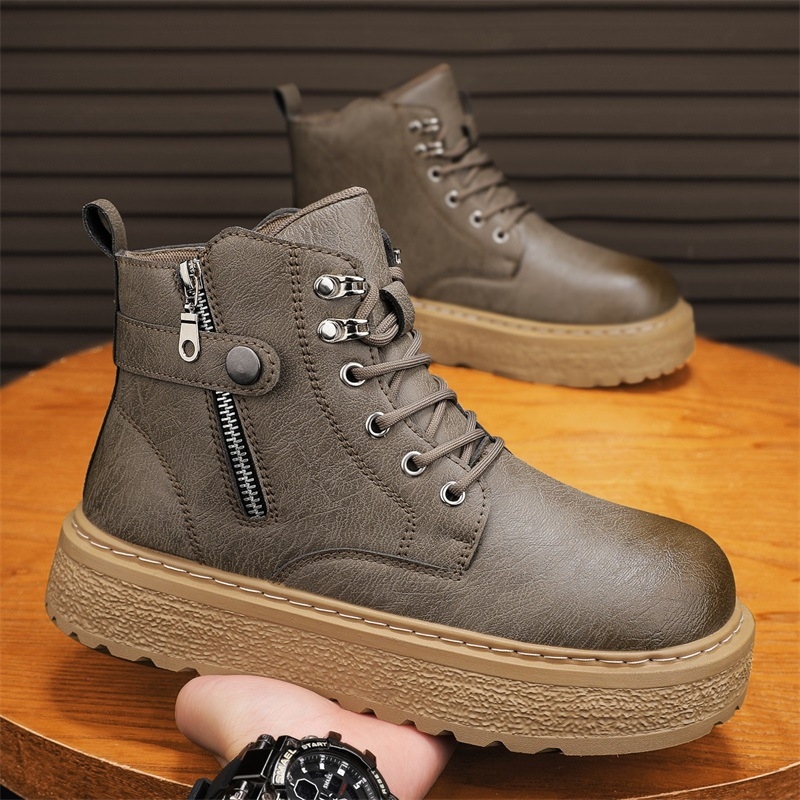 Ghete Martin pentru bărbați, stil britanic, partea superioară din PU, talpă din cauciuc, căptușeală din pluș sintetic pentru iarnă