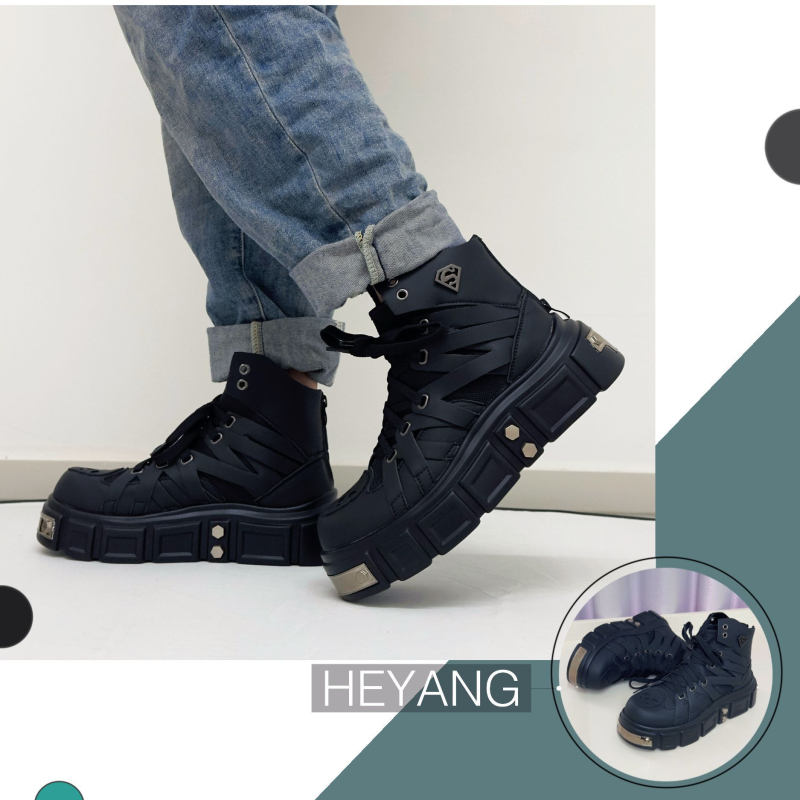 Botine Martin pentru bărbați, stil punk, talpă înălțătoare, toc 3-5 cm, vârf rotund