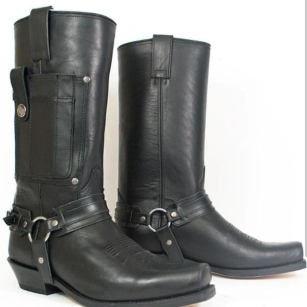 Pánske rytierové čižmy s vyšívaním, horná časť z umelej PU kože, špičatý prst, vysoká päta 6-8 cm, farebne zladený vzor