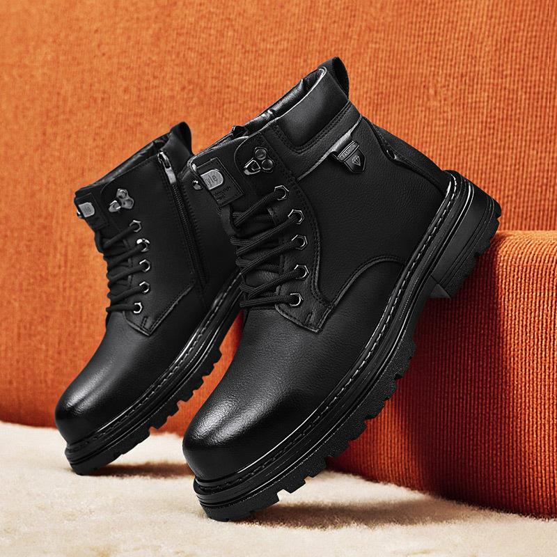 Ghete Martin pentru bărbați – de înălțime medie, partea superioară din nubuk de vițel, căptușeală caldă din pluș, talpă din cauciuc, fermoar lateral