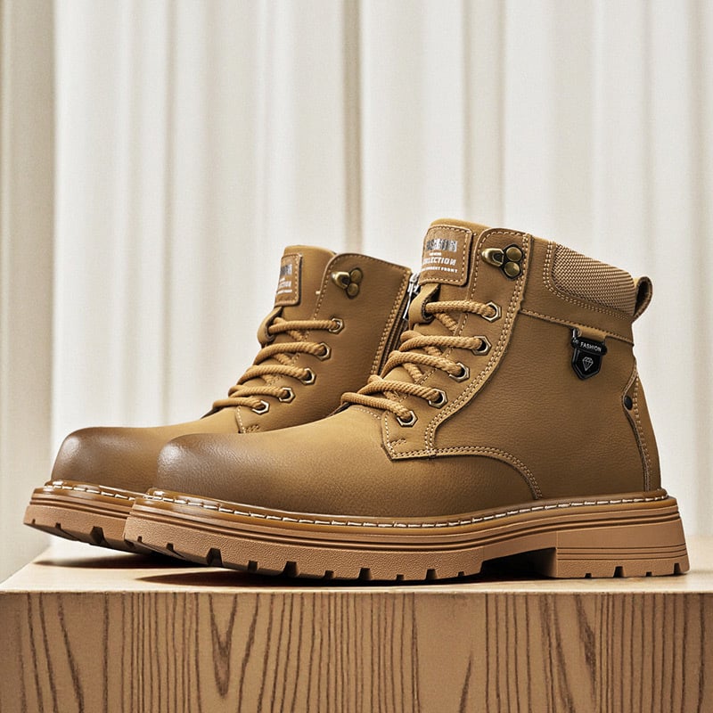 Ghete Martin pentru bărbați – de înălțime medie, partea superioară din nubuk de vițel, căptușeală caldă din pluș, talpă din cauciuc, fermoar lateral