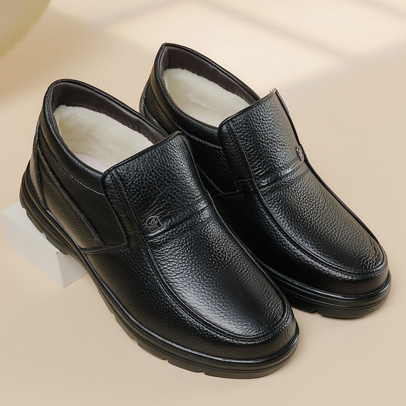 Ghete de iarnă din piele pentru bărbați, căptușite cu lână de oaie și blană artificială, talpă groasă, turnată prin injecție (Partea superioară: piele de vacă; Căptușire: lână de oaie; Talpă: turnată prin injecție; Înălțime toc: 3–5 cm)