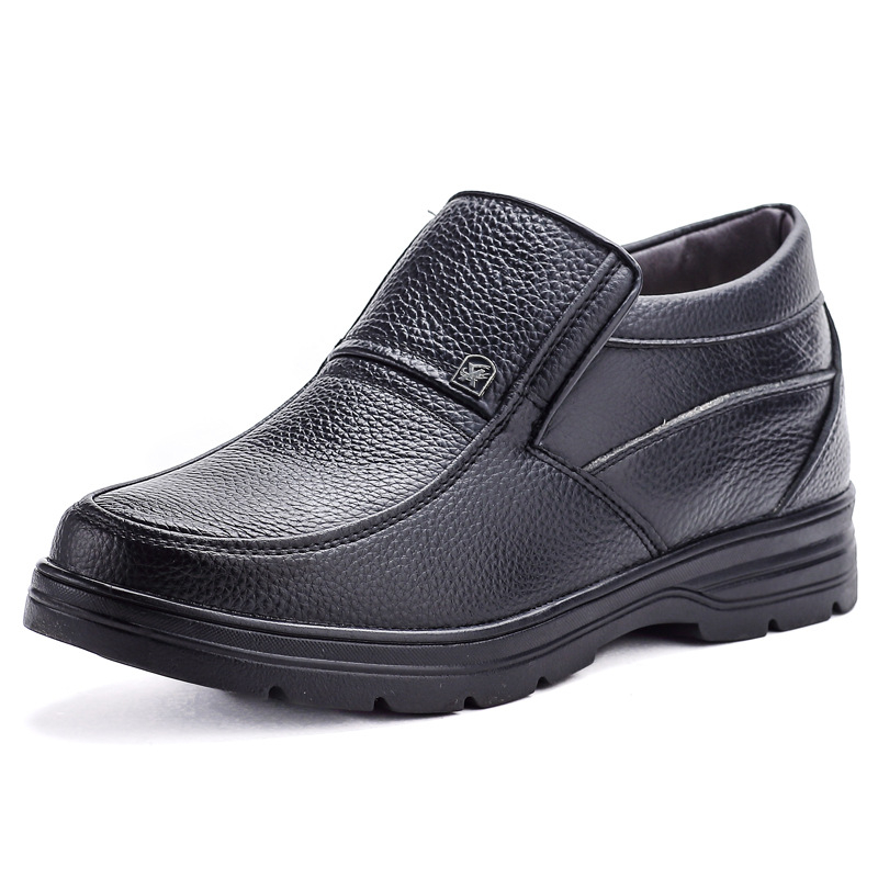 Ghete de iarnă din piele pentru bărbați, căptușite cu lână de oaie și blană artificială, talpă groasă, turnată prin injecție (Partea superioară: piele de vacă; Căptușire: lână de oaie; Talpă: turnată prin injecție; Înălțime toc: 3–5 cm)