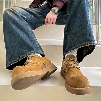 Muške velur derby cipele s okruglim vrhom, srednja visina pete (3–5 cm), gumeni potplat, retro stil