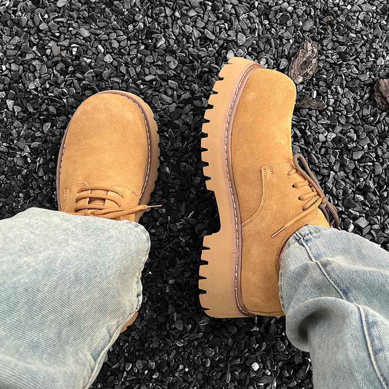 Pantofi Derby pentru bărbați, ghete low-top în stil Martin, talpă groasă pentru creșterea înălțimii (1–3 cm), partea superioară din piele nubuk, talpă din cauciuc