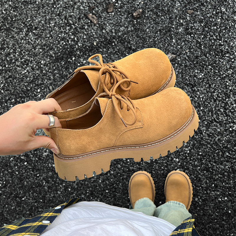 Pantofi Derby pentru bărbați, ghete low-top în stil Martin, talpă groasă pentru creșterea înălțimii (1–3 cm), partea superioară din piele nubuk, talpă din cauciuc