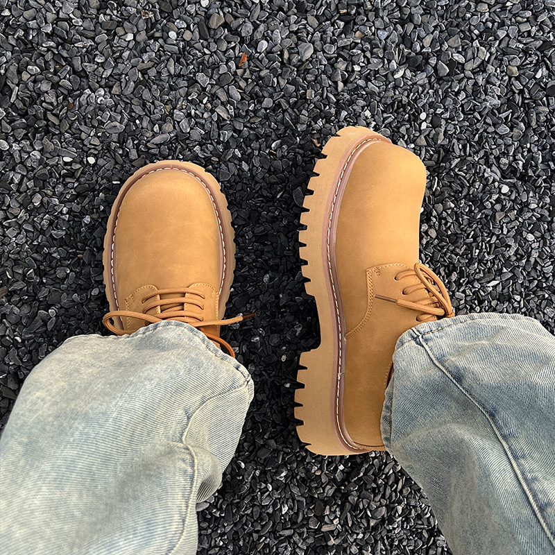 Pantofi Derby pentru bărbați, ghete low-top în stil Martin, talpă groasă pentru creșterea înălțimii (1–3 cm), partea superioară din piele nubuk, talpă din cauciuc