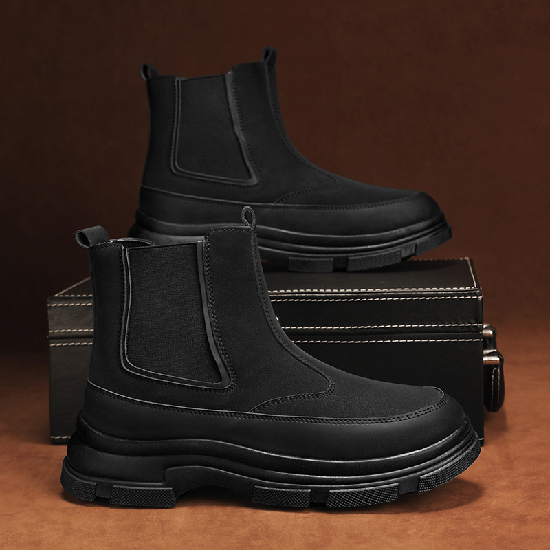 Ghete Chelsea pentru bărbați, stil britanic, partea superioară cu material pufos, talpă din cauciuc, toc de 3–5 cm, înălțime medie a gambelor, branț din piele naturală