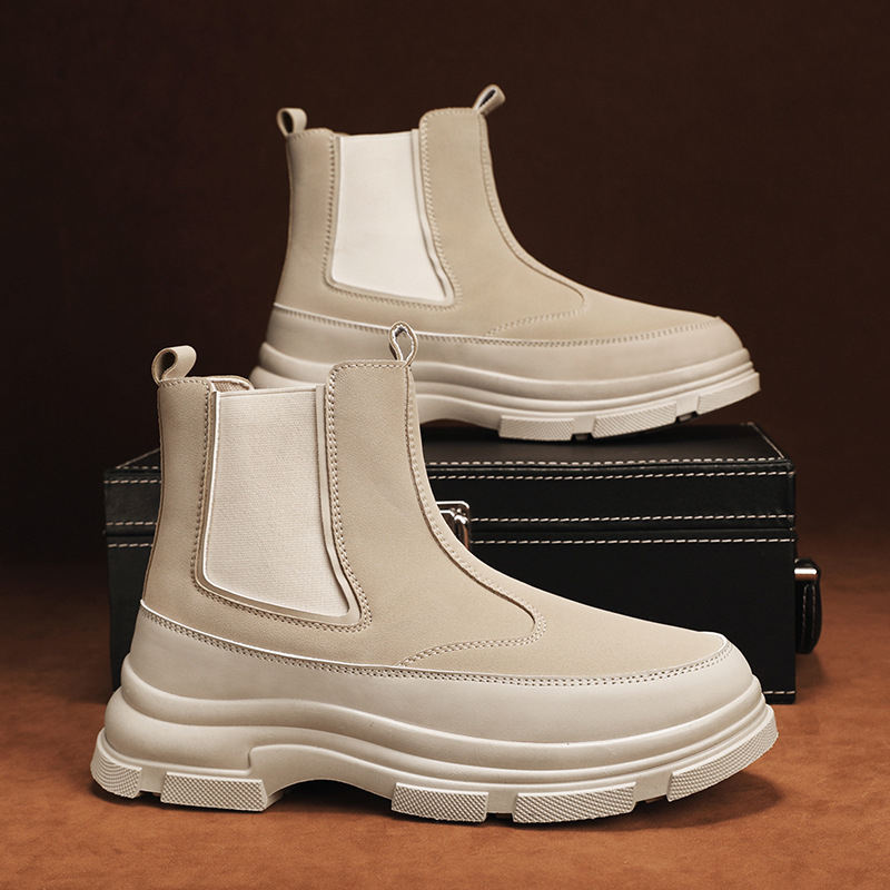 Ghete Chelsea pentru bărbați, stil britanic, partea superioară cu material pufos, talpă din cauciuc, toc de 3–5 cm, înălțime medie a gambelor, branț din piele naturală
