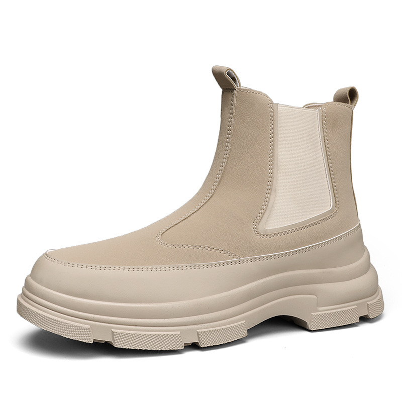 Ghete Chelsea pentru bărbați, stil britanic, partea superioară cu material pufos, talpă din cauciuc, toc de 3–5 cm, înălțime medie a gambelor, branț din piele naturală
