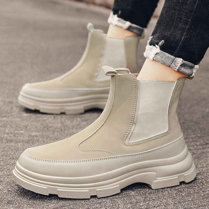 Ghete Chelsea pentru bărbați, stil britanic, partea superioară cu material pufos, talpă din cauciuc, toc de 3–5 cm, înălțime medie a gambelor, branț din piele naturală