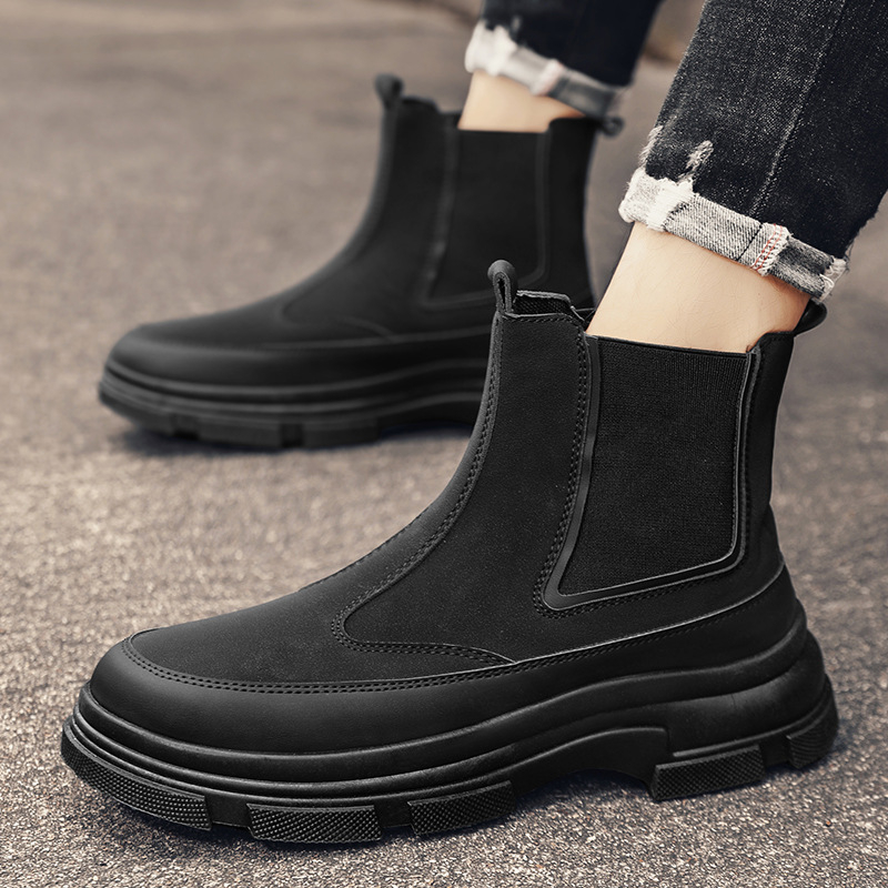 Ghete Chelsea pentru bărbați, stil britanic, partea superioară cu material pufos, talpă din cauciuc, toc de 3–5 cm, înălțime medie a gambelor, branț din piele naturală