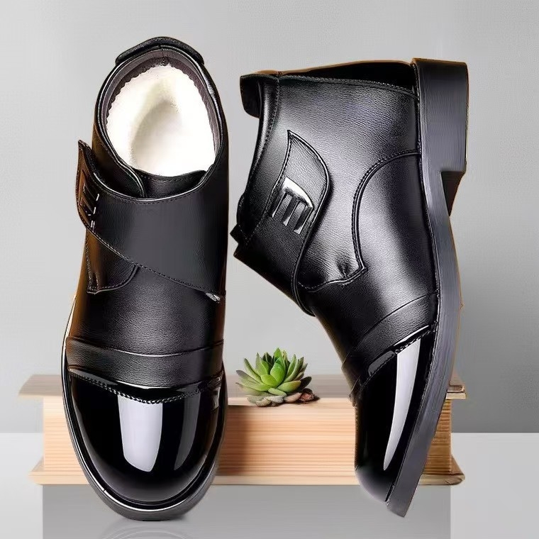 Ghete de iarnă pentru bărbați din bumbac, partea superioară PU, exterior din piele întoarsă, gleznă joasă, închidere Velcro, căptușeală din blană artificială, talpă din plastic