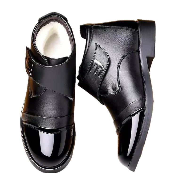 Ghete de iarnă pentru bărbați din bumbac, partea superioară PU, exterior din piele întoarsă, gleznă joasă, închidere Velcro, căptușeală din blană artificială, talpă din plastic