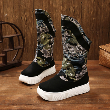 Ghete de iarnă pentru bărbați, stil tradițional, guler înalt, vârf rotund, talpă din cauciuc, partea superioară din bumbac