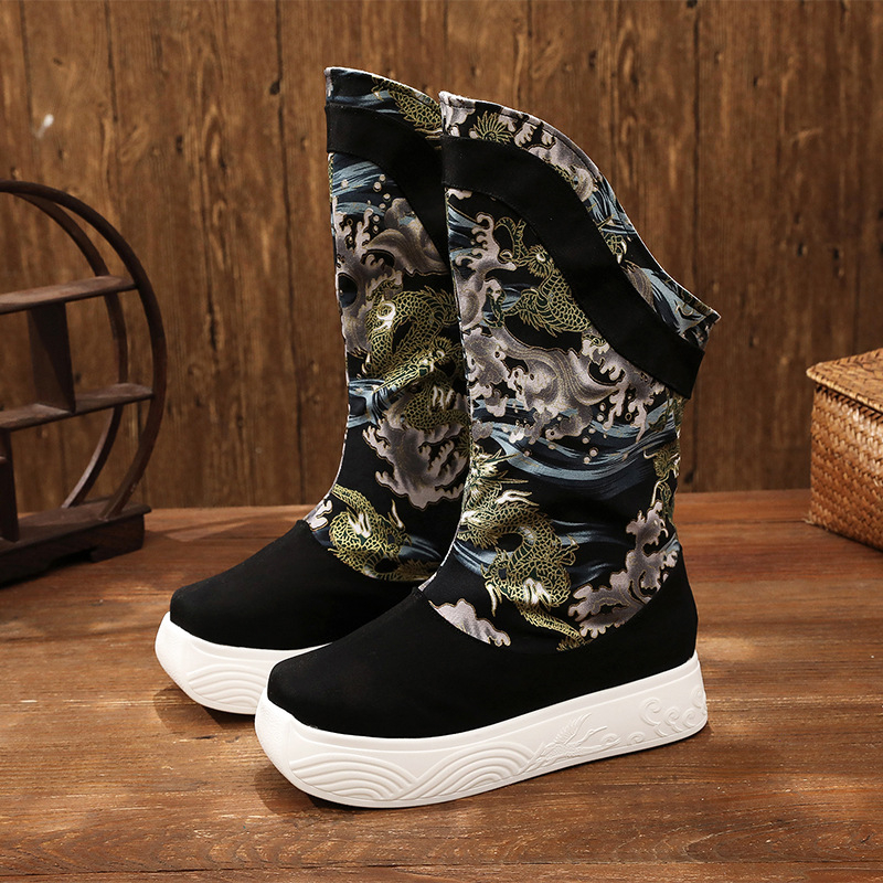 Ghete de iarnă pentru bărbați, stil tradițional, guler înalt, vârf rotund, talpă din cauciuc, partea superioară din bumbac