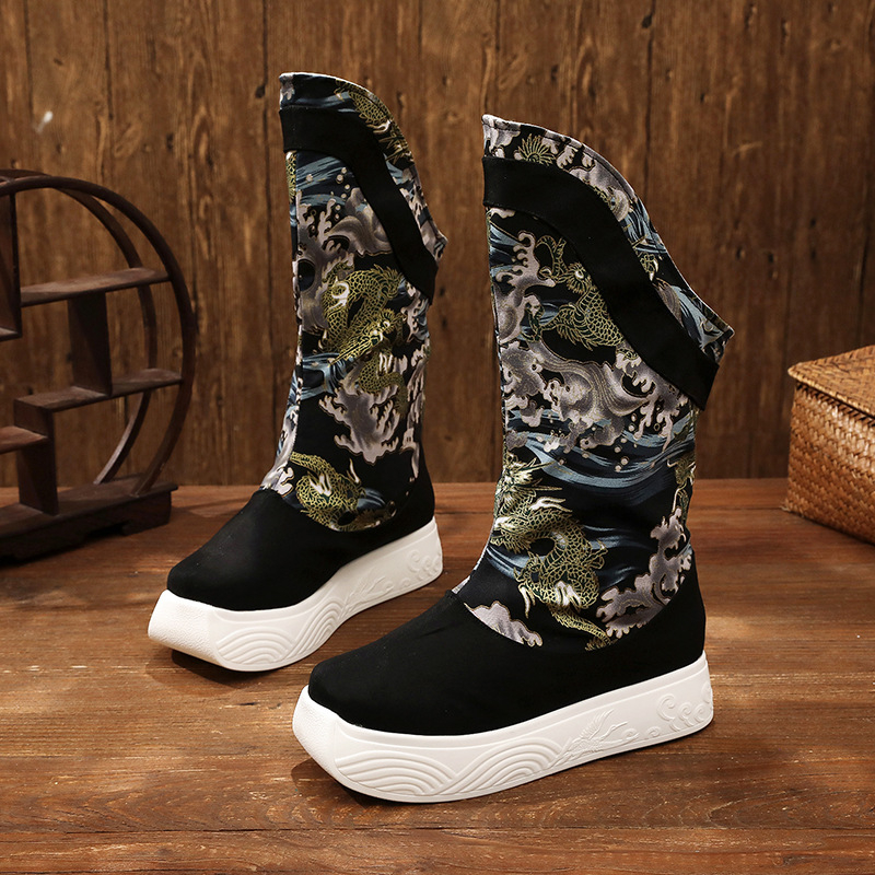 Ghete de iarnă pentru bărbați, stil tradițional, guler înalt, vârf rotund, talpă din cauciuc, partea superioară din bumbac